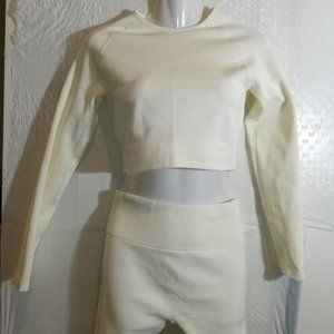 LIKE NEW! WOMEN'S BEIGE IVORY CROP TOP ATHLETIC CASUAL 2 PIECE BODY SUIT ~ #P04